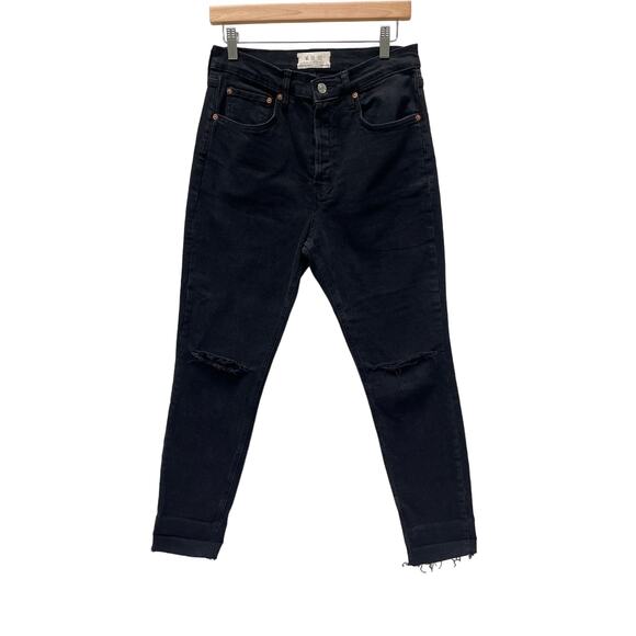 We The Free Black Crop Distressed Raw Hem Hi-Rise Button Fly Jeans Sz 29 - Picture 1 of 9